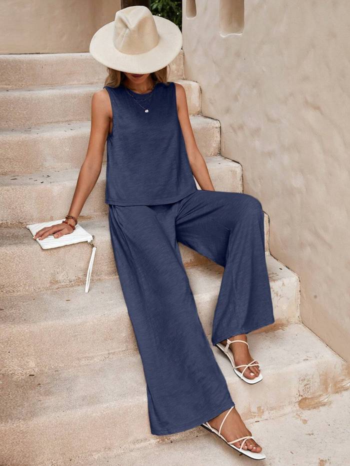 Solid Crewneck Vest & Pants Two-Piece Set