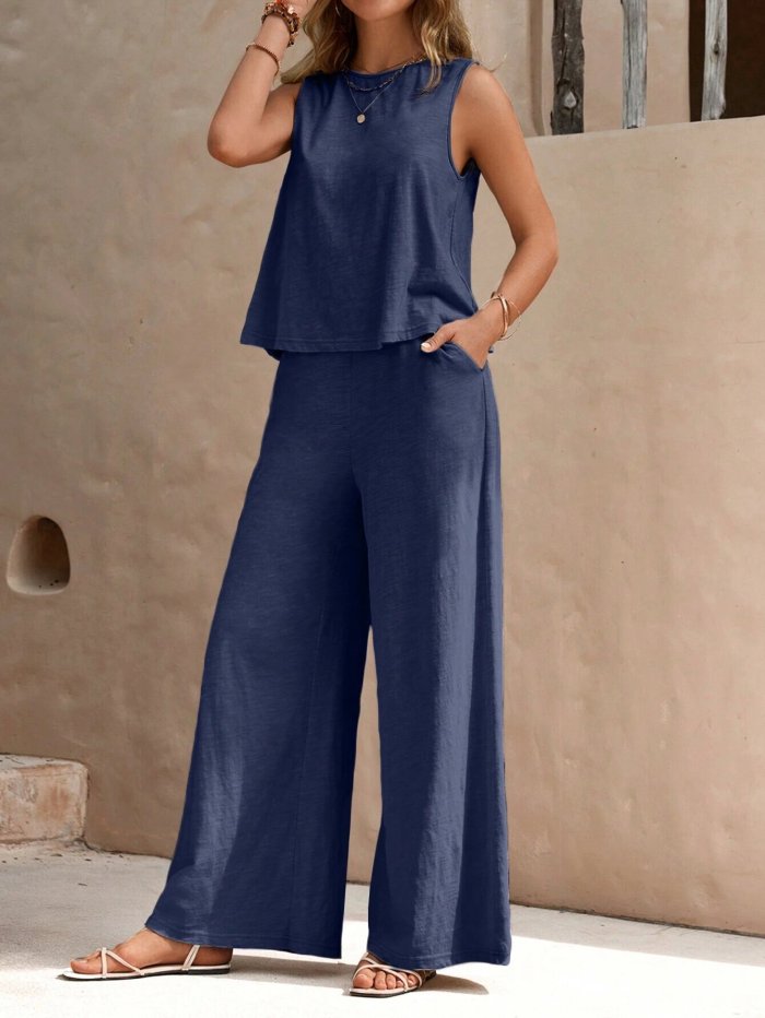 Solid Crewneck Vest & Pants Two-Piece Set