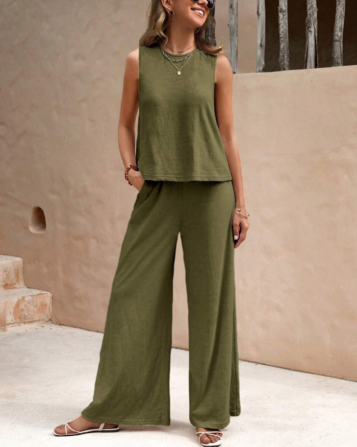 Solid Crewneck Vest & Pants Two-Piece Set