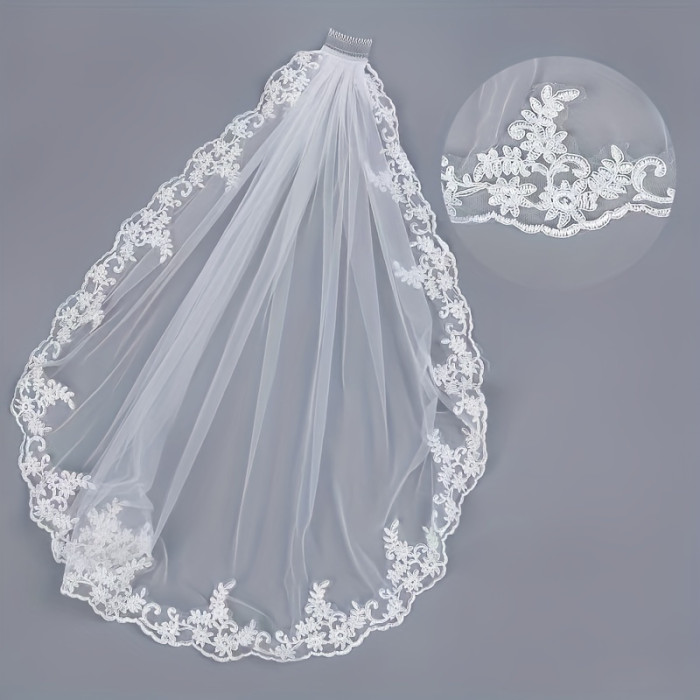 Elegant Bridal Veil Polyester Elegant Single Layer Lace Bridal Veil with Comb - Simple Yet Graceful Floral Pattern Wedding Hair Accessory for Brides