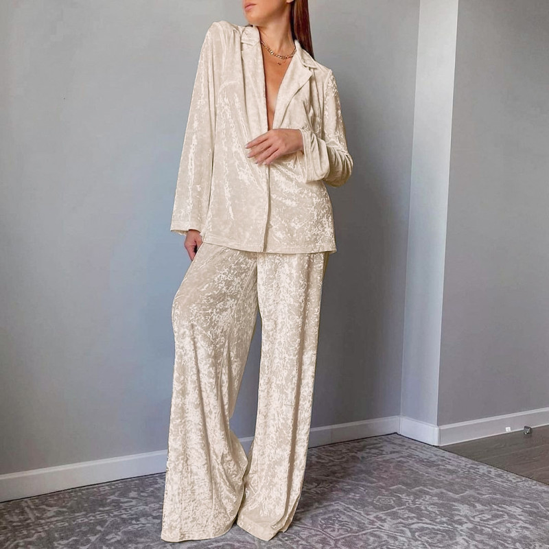 Casual V-Neck Long-Sleeved Shirt & High-Waist Pants Two-Piece Set