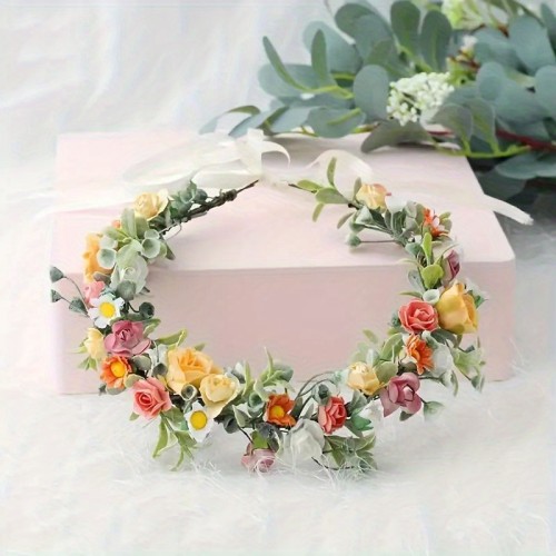 New Spring and Summer Colorful Rose Crown Hair Band Daisy Water Grass Headgear Party Gift Bride Photo Wreath
