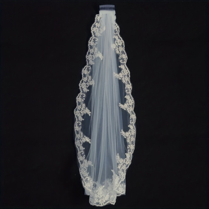 Elegant Bridal Veil Polyester Elegant Single Layer Lace Bridal Veil with Comb - Simple Yet Graceful Floral Pattern Wedding Hair Accessory for Brides