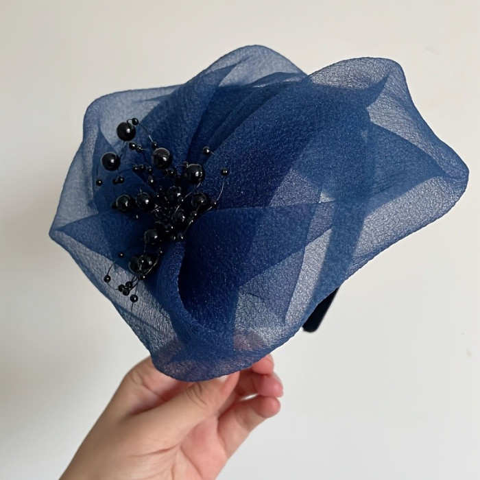 Elegant British Vintage Beaded Mesh Gauze Headband for Women - Floral Embellished Wedding Party Hair Band, Soft Comfortable Daily Wear Accessory in Purple Blue Red Black Beige, Perfect Gift for Her, Event Headwear, Delicate Hairpiece