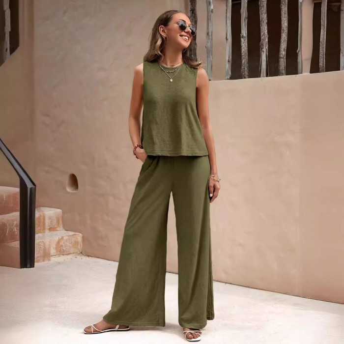 Solid Crewneck Vest & Pants Two-Piece Set