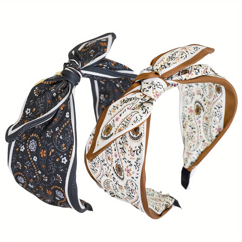 2pcs Elegant Knotted Headbands 2pcs Elegant & Boho Chic Knotted Headbands for Women - Floral & Paisley Designs with Rabbit Ear Accents, Comfortable Fabric Hair Accessories for Casual Attire