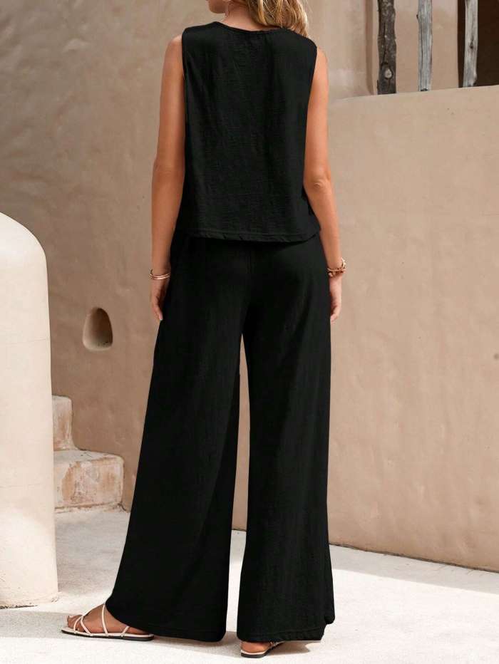 Solid Crewneck Vest & Pants Two-Piece Set
