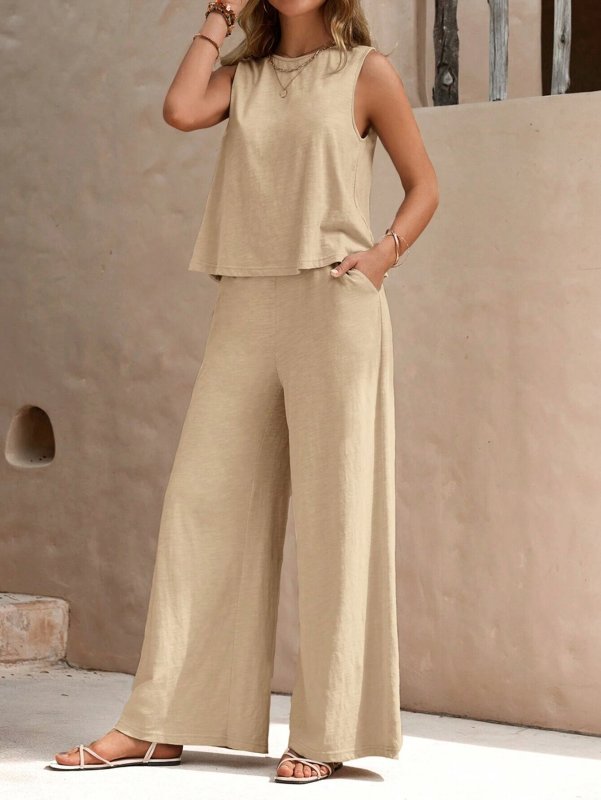Solid Crewneck Vest & Pants Two-Piece Set