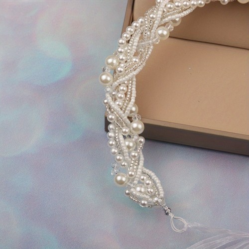 Handmade Forest Style Pearl Headband with Elegant Bow & Delicate Beaded Accents - Bridal Wedding Hair Accessory for Brides, Formal Events, Everyday Elegance
