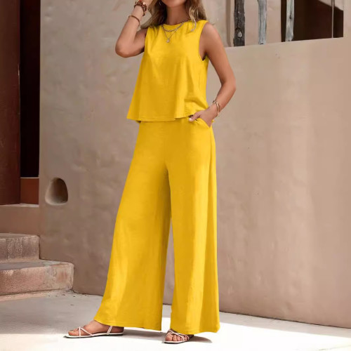 Solid Crewneck Vest & Pants Two-Piece Set