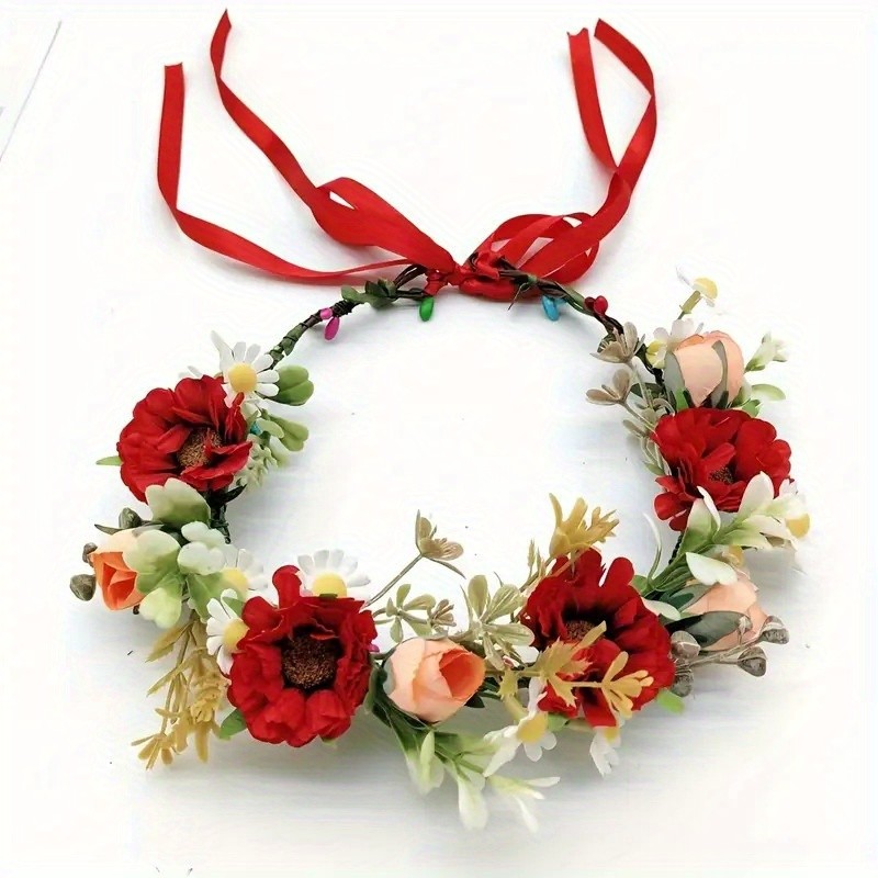 ForestStyle Delicate Floral Crown Headband - Vibrant Red, White, Orange & Yellow Flowers with Green Foliage, Durable Polyester for Weddings, Outdoor Parties, Bridal Accessories