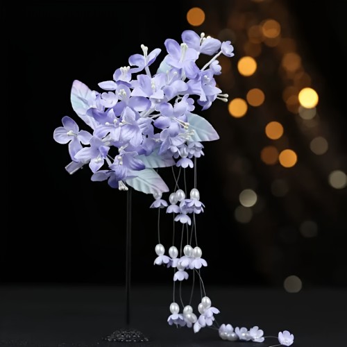 1pc Antique Elegant Bell Orchid Tassel Side Hair Clip with Pearl-Inspired Floral Pendant - Red & Black Wedding Hair Accessories for Bridal, Holiday Gift, Special Occasions, Sophisticated Hairpiece