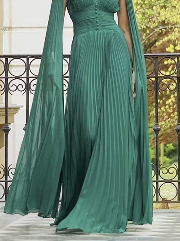 Solid Color Pleated Long Sleeves V-Neck Maxi Dresses