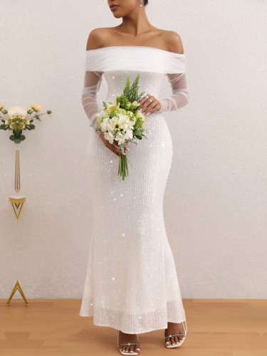 Women's Sexy Shiny Off-Shoulder Semi-Sheer Bodycon Dress