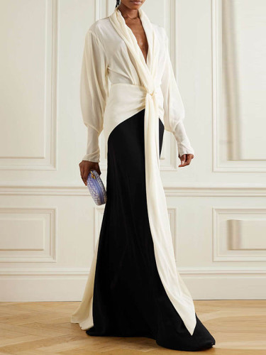 Contrast Color Loose Long Sleeves V-neck Maxi Dresses Evening Dresses