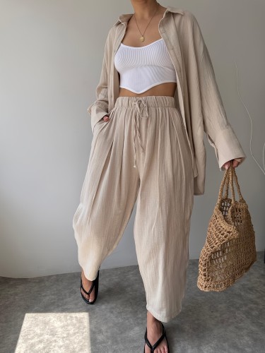 Simple Fashion Suit Two-piece Simple Long-sleeved Women's Lapel Shirt High-Waisted Pants Fashion Suit