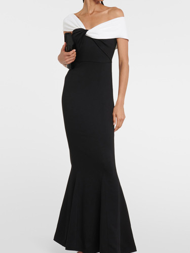 Split-Joint Contrast Color Skinny Short Sleeves One-Shoulder Maxi Dresses Evening Dresses