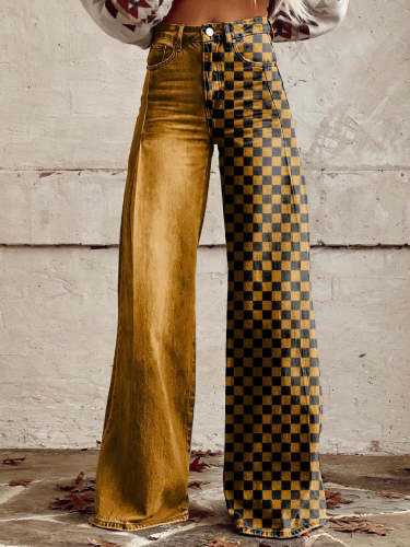 Women's Yellow and Black Tartan Print Casual Wide Leg Pants