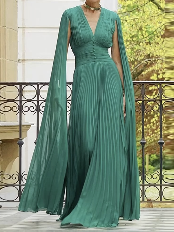 Solid Color Pleated Long Sleeves V-Neck Maxi Dresses