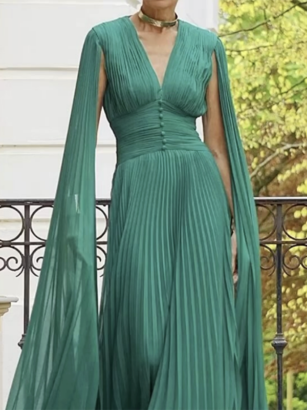 Solid Color Pleated Long Sleeves V-Neck Maxi Dresses
