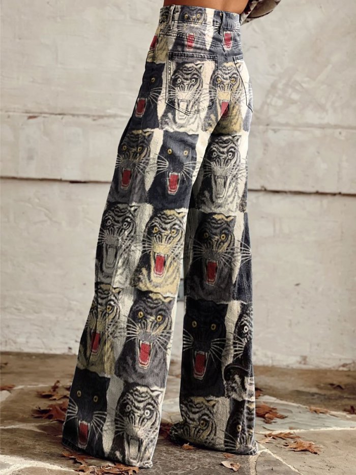 Women's Vintage Hand Drawn Tiger Art Print Casual Wide Leg Pants