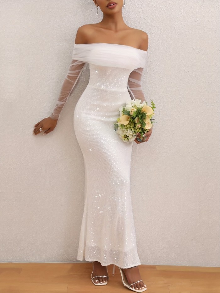 Women's Sexy Shiny Off-Shoulder Semi-Sheer Bodycon Dress
