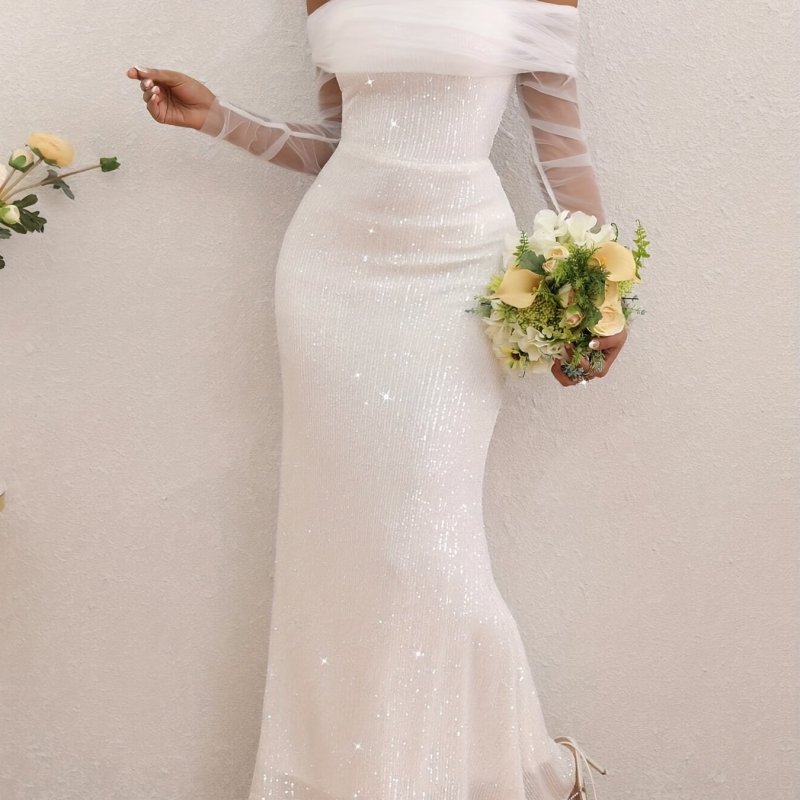 Women's Sexy Shiny Off-Shoulder Semi-Sheer Bodycon Dress