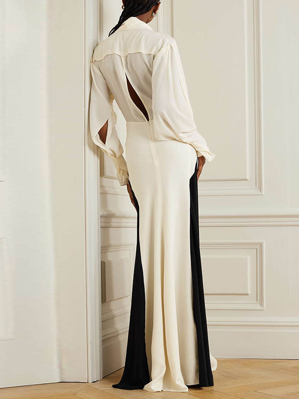 Contrast Color Loose Long Sleeves V-neck Maxi Dresses Evening Dresses
