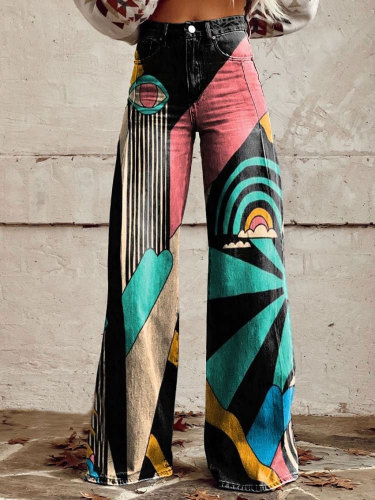 Women's Vintage Print Casual Wide Leg Pants