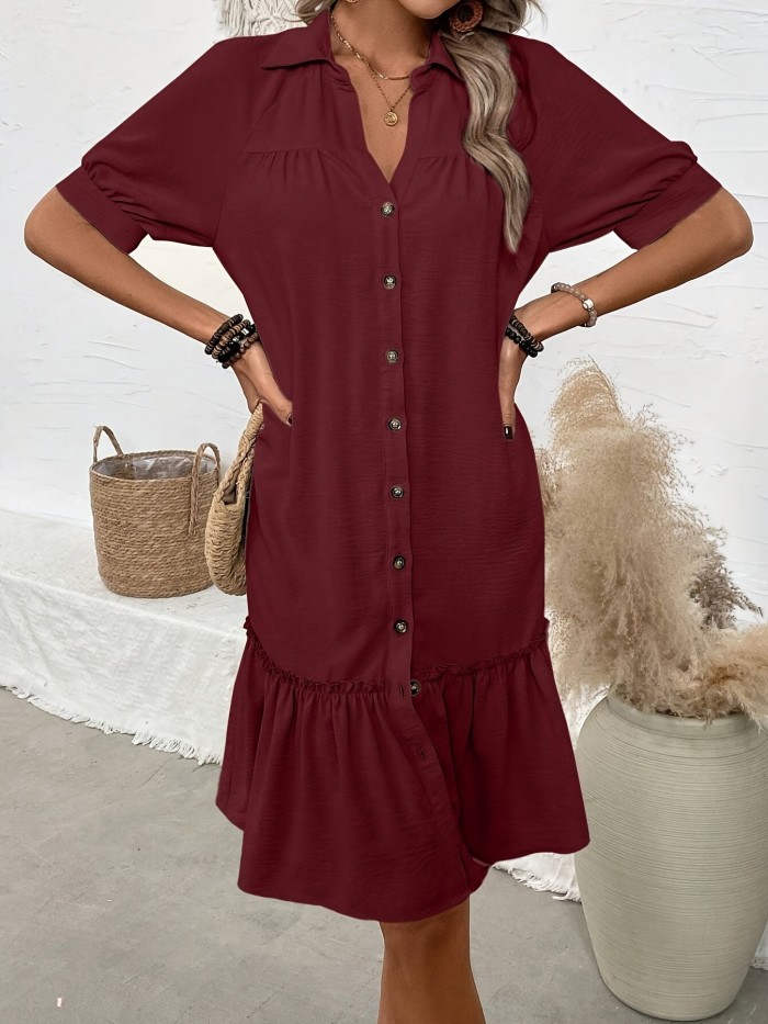 Women's Elegant Button- Lapel Short Sleeve Dress - Loose Comfortable Casual Solid Color Non-See-Through Machine Washable Spring Summer Dress for Home & Outings, Spring Summer Fashion | Flowy Fabric