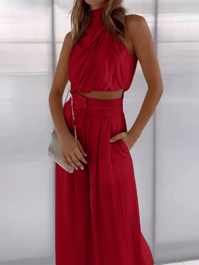 Women Solid Color One-shoulder Top And High-waisted Loose Wide-leg Long Pants Set