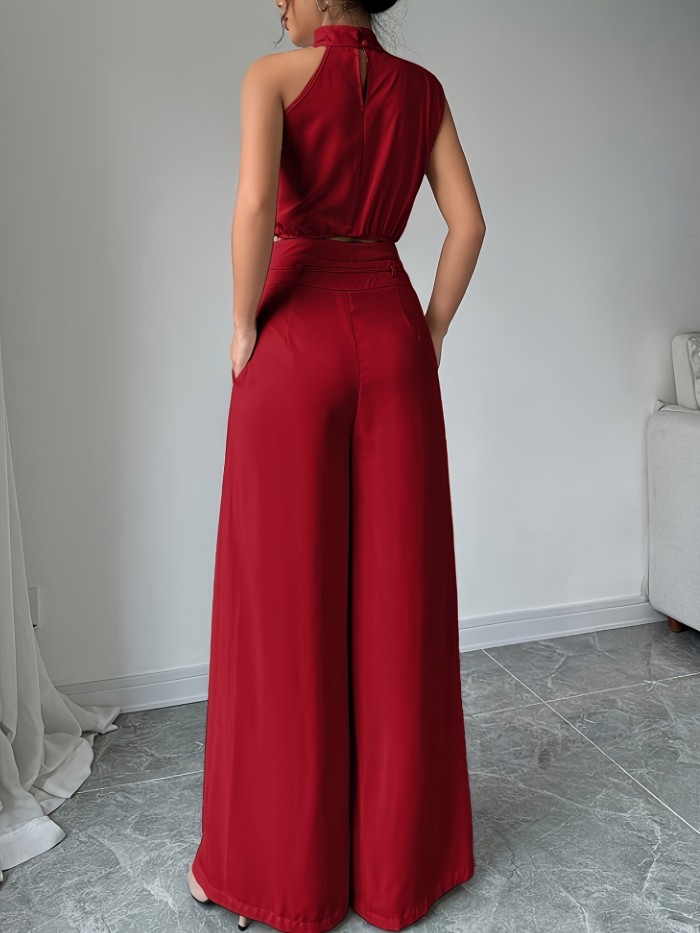 Women Solid Color One-shoulder Top And High-waisted Loose Wide-leg Long Pants Set