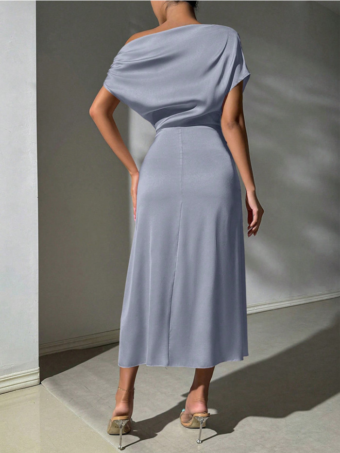 Elegant Slant Shoulder Pleated Hip Dress