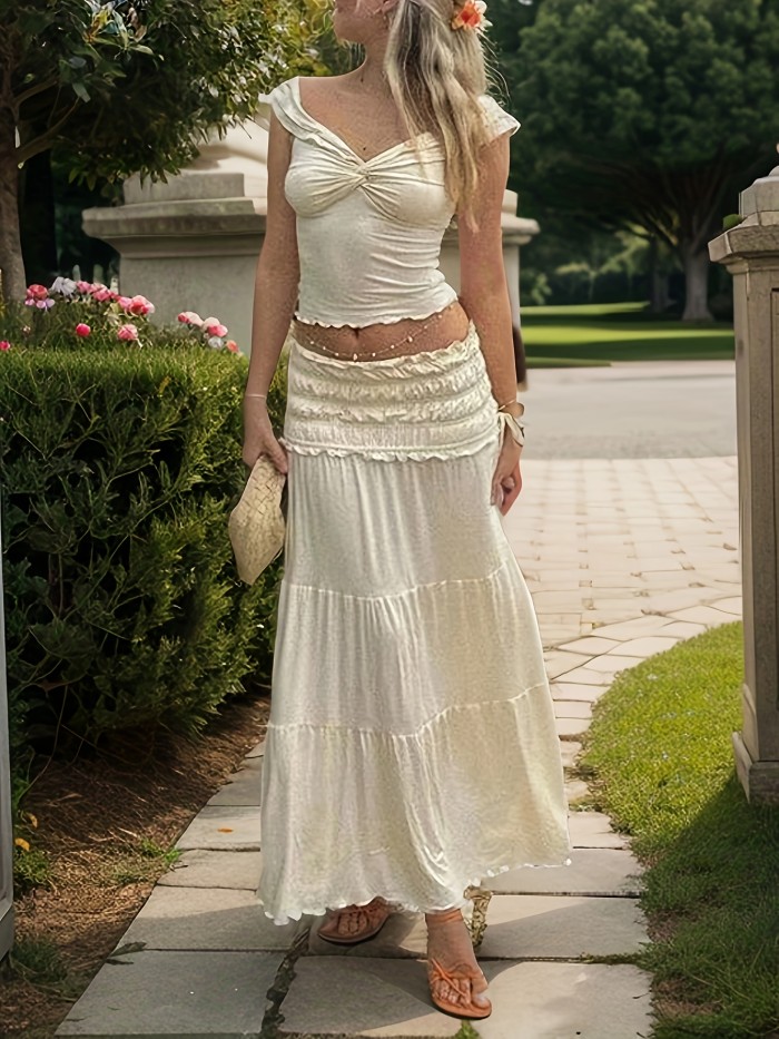 Women's Summer Two Piece Skirt Set Ruffle Hem Off Shoulder Top + Elastic Pleated Maxi Skirt Set Streetwear