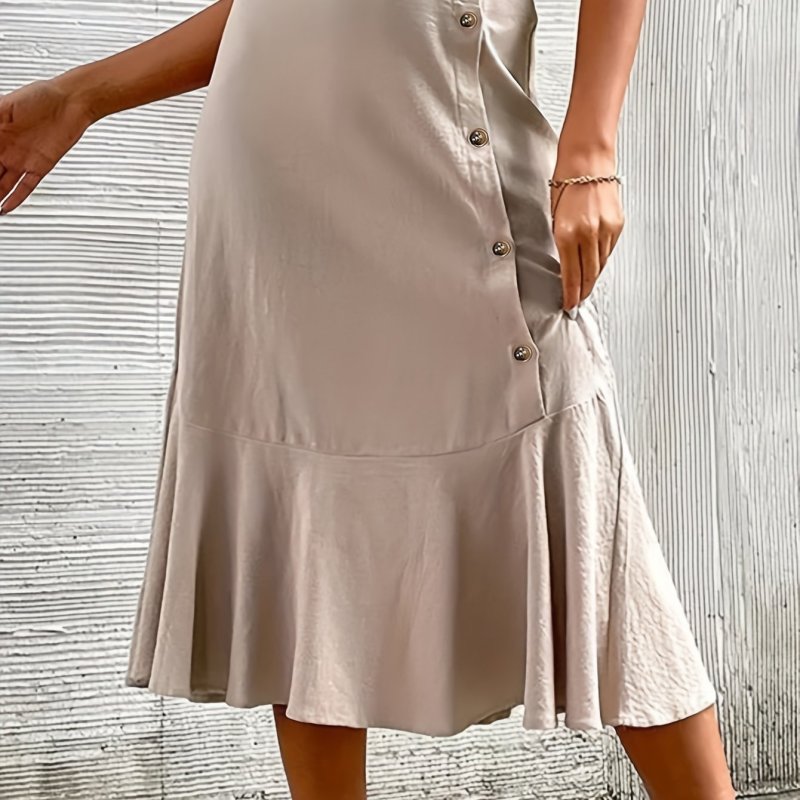 Women'S Elegant Asymmetrical Hem Tiered Skirt with Vertical Button Detail - Lightweight Summer Solid Color Midi Skirt for Casual & Formal Occasions