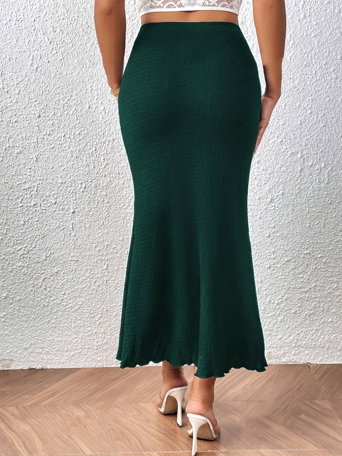 Green Mermaid Midi Skirt High-Waisted Mermaid Midi Skirt - Elegant Green Textured, Ruffled Hem, Polyester Blend, Perfect for Spring & Autumn