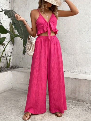 Women'S Summer Vacation V-neck Camisole And Loose Wide-leg Pants Set