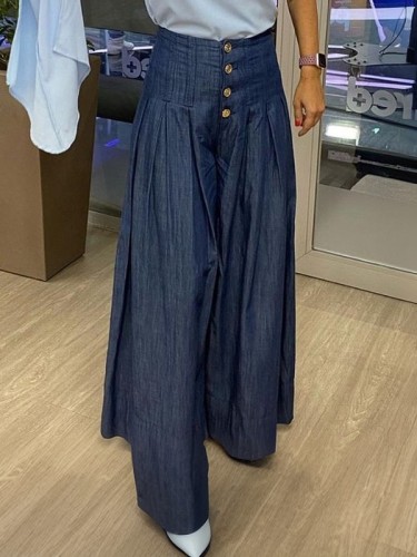 High Waisted Loose Buttoned Pleated Pockets Solid Color Jean Pants Bottoms