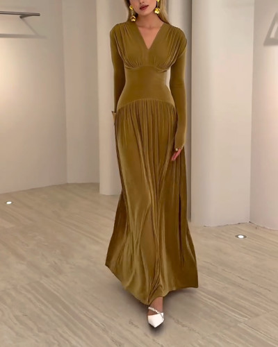 Elegant Solid Color V-neck Dress