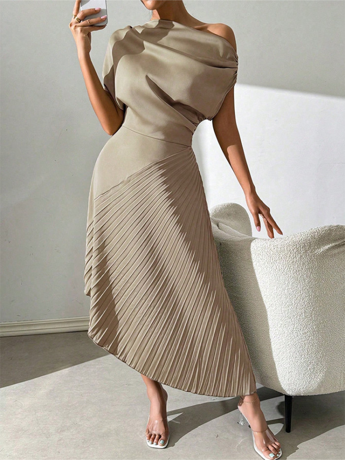 Elegant Slant Shoulder Pleated Hip Dress