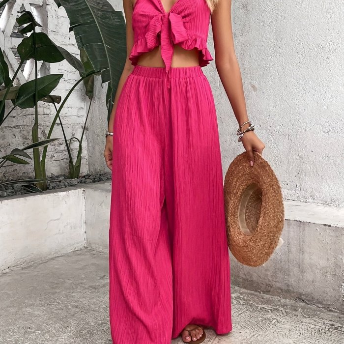 Women'S Summer Vacation V-neck Camisole And Loose Wide-leg Pants Set