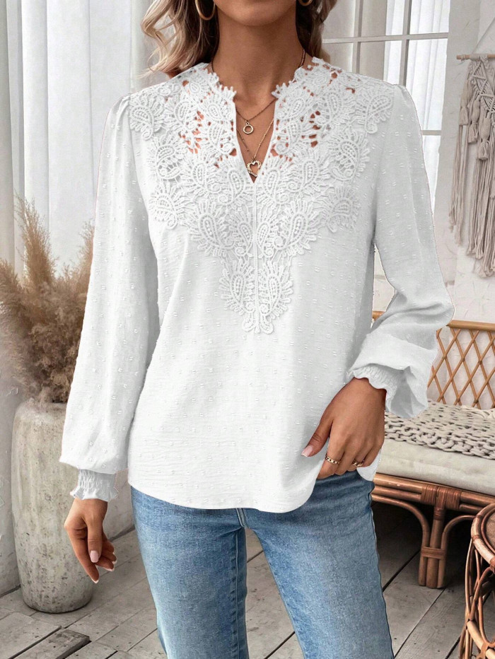 Women's V-Neck Lace Trim Polka Dot Blouse