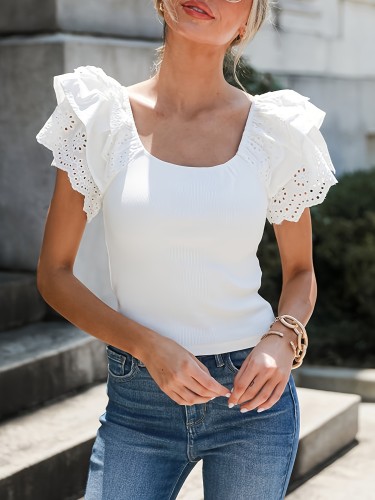 White Eyelet Ruffle Sleeve Slim Fitted Top