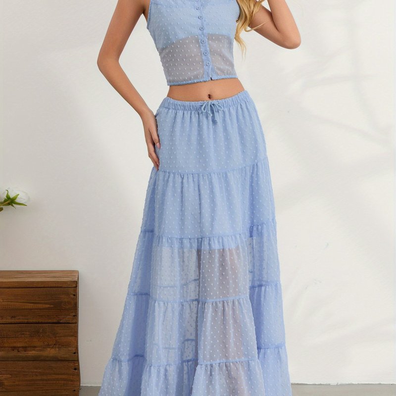 Women's Summer Outfits Solid Color Scoop Neck Tank Tops with Tiered A-line Skirt Set Party Clothes