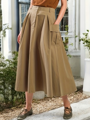 Women'S Casual Solid Color Brown A-Line Skirt with Pockets - High-Waisted, Flowy Design, Polyester Fabric, Machine Washable, Perfect for Casual Attire