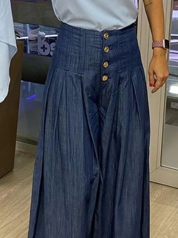 High Waisted Loose Buttoned Pleated Pockets Solid Color Jean Pants Bottoms
