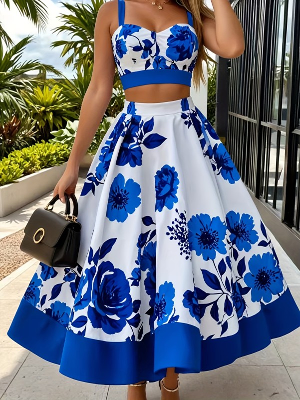 Elegant Floral Print Cami Top & Skirt Set - V-Neck, Sleeveless Crop Top with Ruffled Hem, Blue Floral Print Skirt, Perfect for Spring\u002FFall, Women'S Fashion, Floral Print Blouse