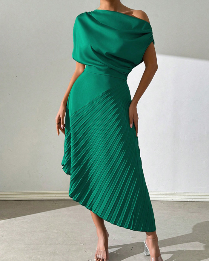 Elegant Slant Shoulder Pleated Hip Dress
