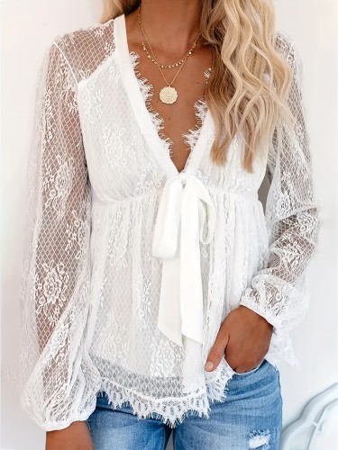 Large Size Contrast Lace Waist Bow Tie Round Neck Ladies' Shirt