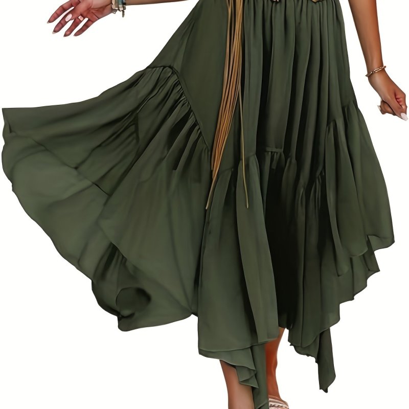 Flowy Bohemia Asymmetric High-Low Hem Maxi Skirt - Womens Summer Casual Long Skirt - Boho